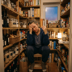 Woman sitting on stool in pantry with head in hand looking stressed